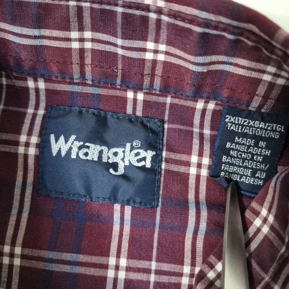 Wrangler Western Shirt Mens‎ 2XLT Burgundy Plaid Pearl Snap Long Sleeve Cowboy